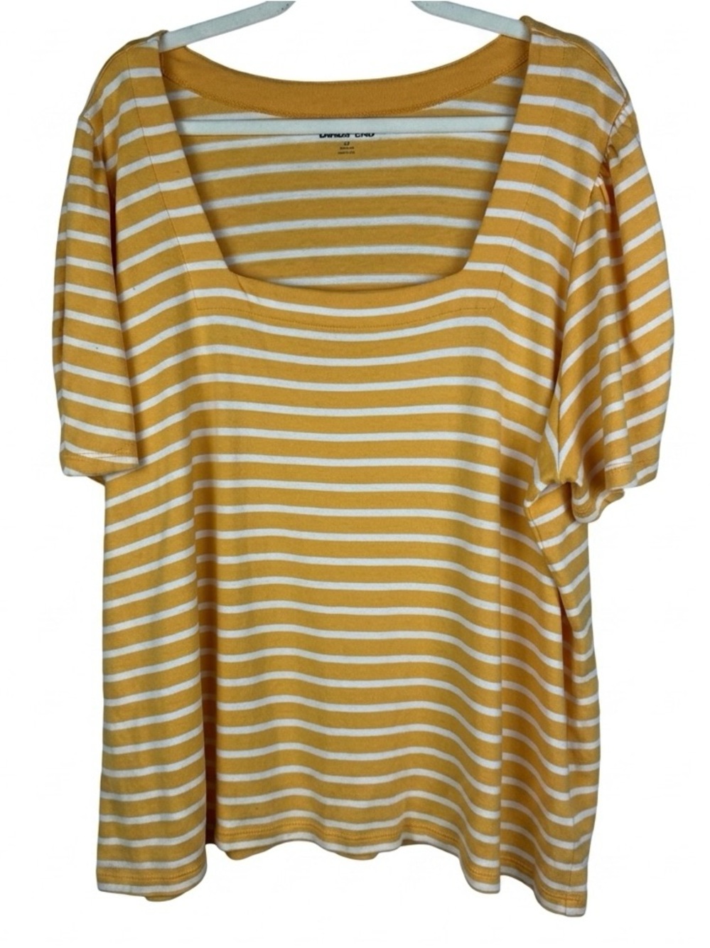 ⁠Lands' End Cotton Striped Square Neck Puff Sleeve Tee Yellow White 2X 20W 22W⁠
